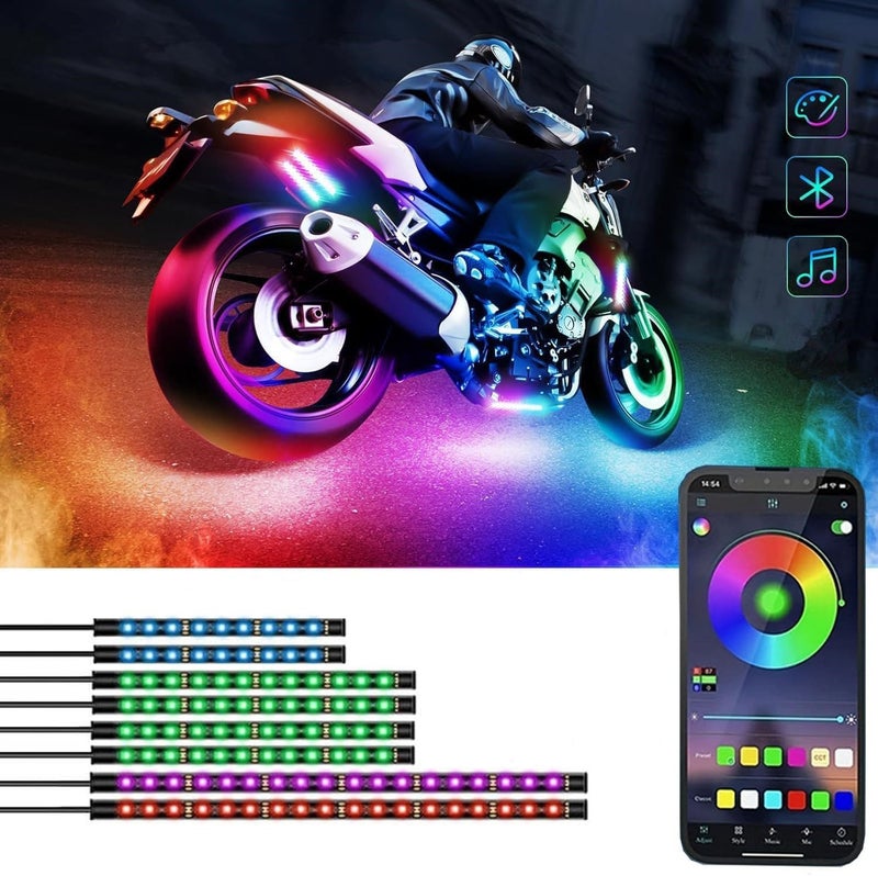 Sxlofty 8 Pcs Motorcycle LED Light Kits, App Control Multicolor Waterproof Motorcycle LED Strip Lights, Music Sync & Multiple Scene Modes RGB LED Lights for Motorcycles, DC 12V - Image 1